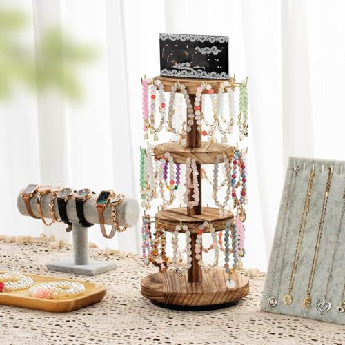 Xiyocadt 3 Stöckiger Drehbarer Schmuckständer aus Holz, 38 Haken für Armband, Armband und Schlüsselanhänger Organizer, rustikaler Halter für Verkaufsstand und Geschäfte