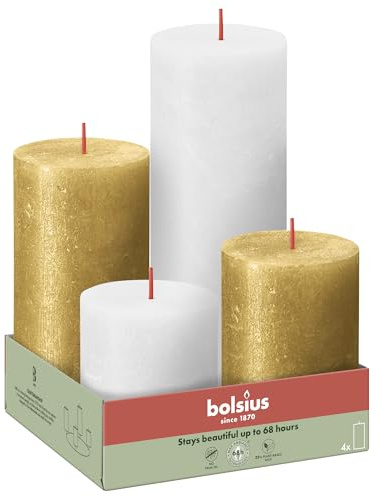 Bolsius - Rustic 4 packs - Gold und Weiß - Unparfümierte - Natürliches Pflanzenwachts - Ohne Palmöl