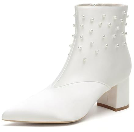 LRMYMHY Damen Satin Hochzeitsstiefel Für Die Braut Blockabsatz Braut Stiefel Spitzenzehen Partyschuhe Prom Schuhe,Elfenbein,35 EU