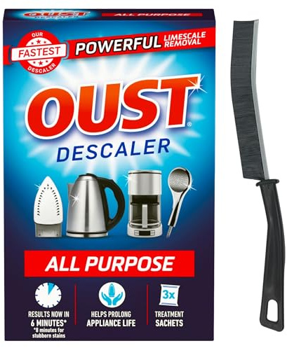OUST All Purpose Descaler for Kettles, Coffee Machines and Appliances, Fast Acting Limescale Remover with 3 Treatment Sachets, Includes Crevice Brush