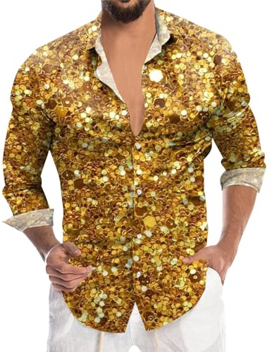 Glitzer Hemd Herren 70er Disco Pailletten Outfit Pailettenhemd Passform Festliches Silvester Hawaiihemd Mit Knöpfen Shirt Herrenhemd Bügelfrei Vintage-Stil Glitzerhemd