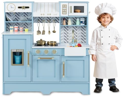 HOMASIS Spielküche inkl. 10 Zubehör, Kinderküche Holz mit Herd Spüle Wasserhahn Ofen Mikrowelle & Kaffeemaschine, Spielzeugküche Küchenspielzeugset ab 3 Jahren, Blau