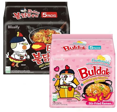 Korean Import Hot Chicken Flavour x 5 & Carbo nara Noodles x 5 - Fire Fried Super Hot Spicy PINK & BLACK Noodle - HALAL - By Buldak - VALUE PACK