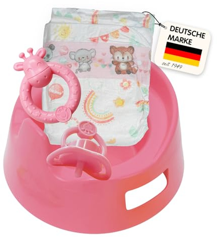Heless 808 - Puppen-Töpfchen Set in Rosa, mit Durchmesser 15 cm, inkl. Rassel, Schnuller und große Windel, an gängige Puppengrößen angepasst