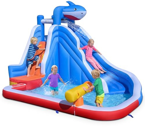 COSTWAY Hüpfburg mit Wasserrutsche, Kletterwand, Wasserkanone & Planschbecken, Wasserhüpfburg für Kinder, Wasserpark für Außenbereich, 401 x 307 x 255 cm