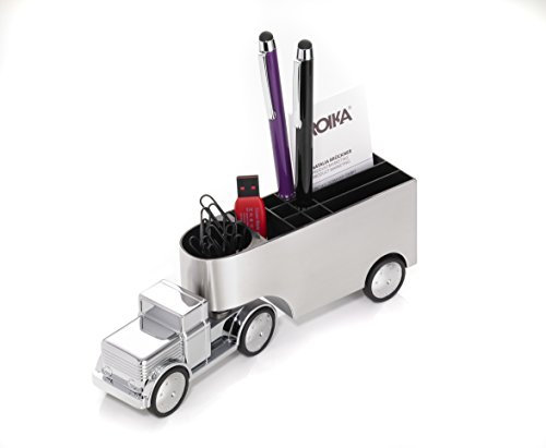 Troika Stifteköcher und Büroklammernhalter/Briefbeschwerer, LKW, Rückziehmotor, bewegliche Achse, Magnet für Büroklammern, Metallguss, verchromt, glänzend, silber