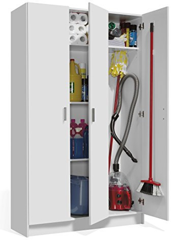 Vita - 3 Door Broom Cupboard Kitchen Utility Room Modular Cleaning Cabinet (H: 180cm x W: 109cm x D: 37cm) (White)