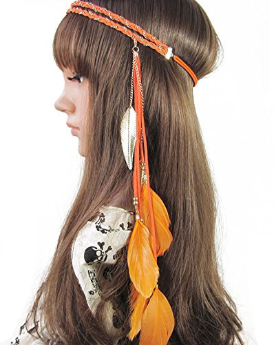 Frauen Damen Mädchen Bohemian Doppelt Geflochtenes Stirnband Quasten Haarband Kopfbedeckung Hippie Feder Stirnband Haarband Haarband handgefertigt indischer Fascinator Kopfschmuck Haarschmuck (Orange)