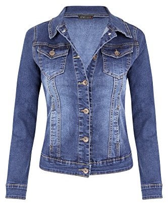 shelikes Women's Jackets Casual Summer Jacket Mid Wash Denim Long Sleeve Button Up Slim Fit Jean Jacket With Collared Neckline And Pockets For Ladies Girls