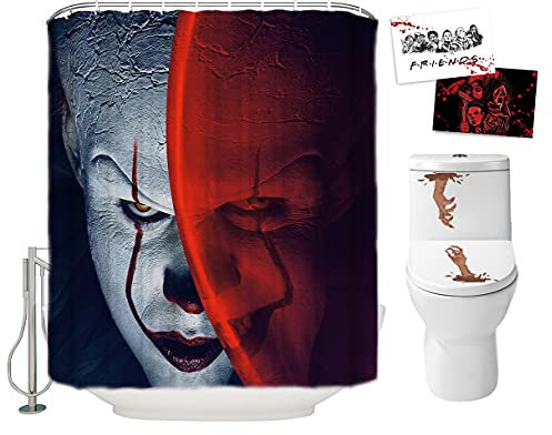 Halloween Duschvorhang Set für Badezimmer - IT Pennywise The Dancing Clown Scary Killer, Horrorfilm Themed Urlaub Polyester Dekoration mit Haken und WC-Aufklebern, Weihnachts-Party-Dekor 72 x 72 cm