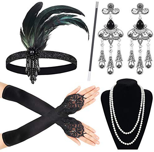 Sinoeem 1920s Kostüm Damen Flapper Accessoires Set 20er Jahre Halloween Kostümzubehör Inklusive Stirnband Halskette Handschuhe Ohrringe Gatsby Handheld-Requisiten Set (Set-3)