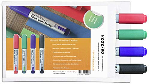 FRISCHEPACK Whiteboard Marker - Immer frische Marker! - 4 Stk. mit Frischesiegel Monami Sigmaflo Liquid (4 Farben) Keilspitze chisel tip