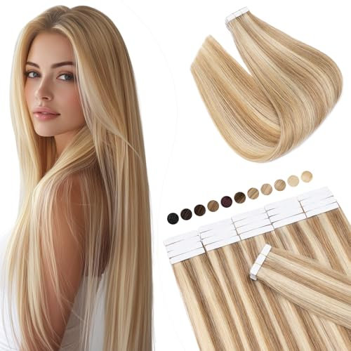 Elailite Extensions Echthaar Tape in 20 stück, 40cm Balayage Natürliches Haarverlängerung 50g #12P613 Goldbraun mix Bleichblond