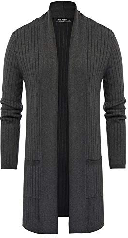 PJ PAUL JONES Men's Shawl Collar Open Front Long Cardigan Ribbed Knit Sweater with Pockets, Dark Gray, Medium