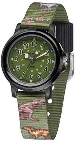 JACQUES FAREL Jungenuhr Jugend Armbanduhr Quarz Analog Stoffband Grün Oliv Schwarz Dino KSB 989