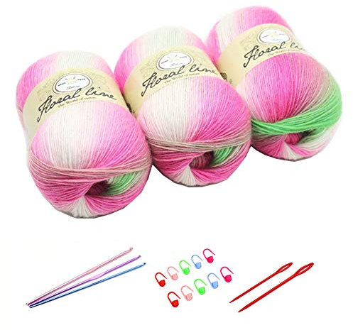 YAMEE 3 Stück 100 g Handstrickgarn farbverlauf Wolle zum Stricken Farbverlaufswolle Häkelgarn Garn mit Häkelhaken und Häkelgarn Set