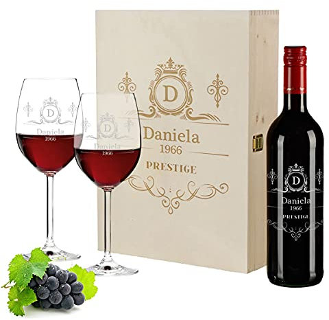 polar-effekt 4-TLG graviertes Wein-Set | personalisierte Holzbox, 2 Weingläser und 700 ml französischer Wein | Geschenkidee zur Verabschiedung | Motiv Prestige