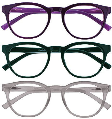 OPULIZE Blu Gafas de Lectura con Bloqueo de Luz Azul Pack de 3 Montura Redonda Morada Verde Hielo Bisagras de Muelle Mejoran el Sueño Ordenador Gaming Antirreflejante Hombre Mujer BBB5-56C +1.00