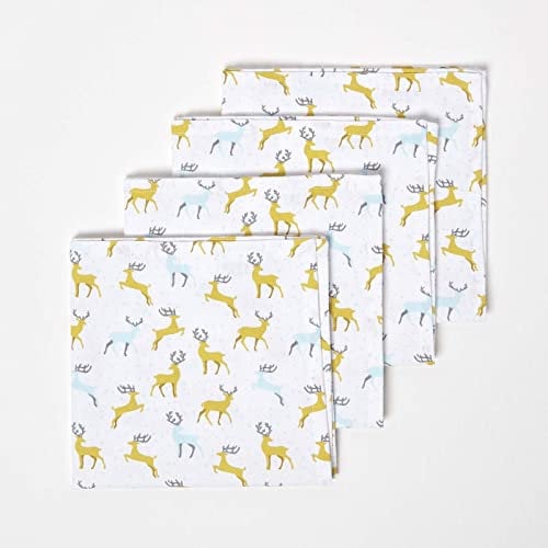 Homescapes 4er-Set Weihnachtsservietten Majestätischer Hirsch, gelb-graue Stoffservietten 45x45 cm mit Weihnachts-Motiv, waschbare Tischservietten aus 100% Baumwolle