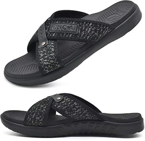 ONCAI Mens Criss Cross Sandals,Arch Support Recovery Sport Slides Slippers with Plantar Fasciitis Orthotic Footbed Black Size 9.5