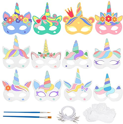 Landifor 24 Stücke Einhornmasken Kinder Bastelset Einhorn Papiermasken zum bemalen Kindermasken Kreative Kunsthandwerk für Geburtstage Halloween Karneval Motto Party Mitgebsel