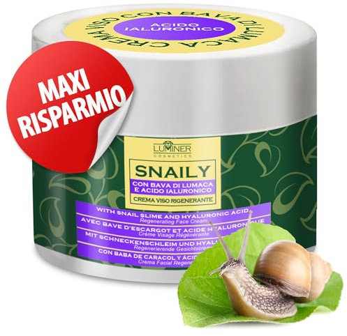 LUMINER® Crème Visage Anti-Rides 150 ml avec 70% de bave d'escargot et 100% d'acide hyaluronique pur, fabriquée en Italie, formule naturelle à action anti-taches et anti-âge à la vitamine C