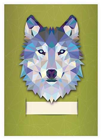 Kartenkaufrausch 1x Starkes Wildtier DIN A4 Schulheft, Rechenhefte mit polygonalem Wolf in grün Lineatur 28 (kariertes Heft)