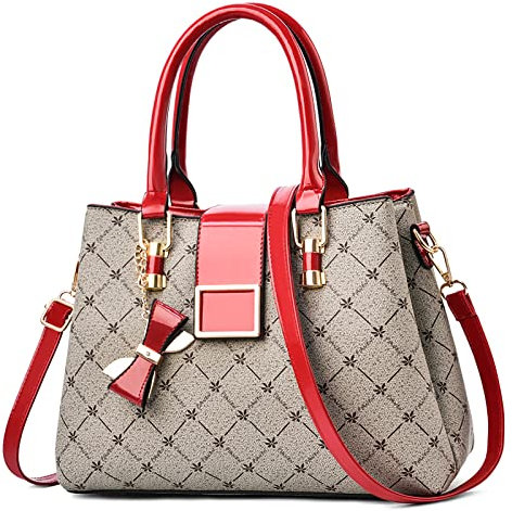 FORRICA Handtaschen Damen Bogen Anhänger Umhängetasche Mode Ahornblatt Henkeltasche Frauen Shopper Tasche PU Leder Schultertasche Rot A