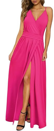 Newshows Sommerkleid Damen Lang Maxikleid Sommer V Ausschnitt Kleid Schlitz Freizeitkleid Elegant für Hochzeitsgast (Rosa, Mittel)