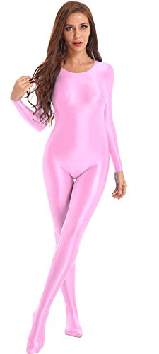 iEFiEL Damen Öl Body Sportbody Langarm Ganzkörper Yoga Bodysuit Tanz Leotard Ballettanzug Gymnastikanzug Rosa XL