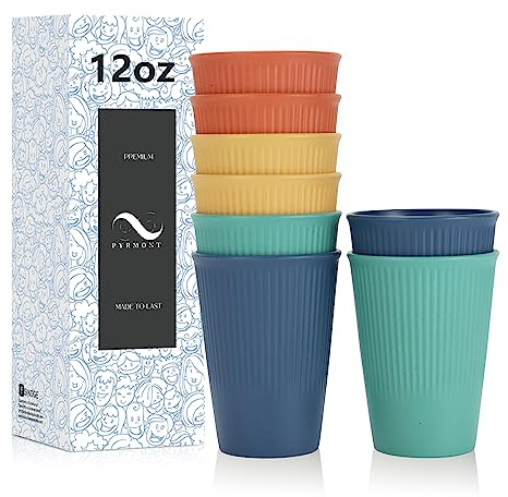 PYRMONT Wheat Straw Cups 12 Oz Alternative Plastic Cups Set of 8 Unbreakable Water Cups for Kitchen Dishwasher & Microwave Safe Drinking Cups for Iced Tea,Juice-Colorful