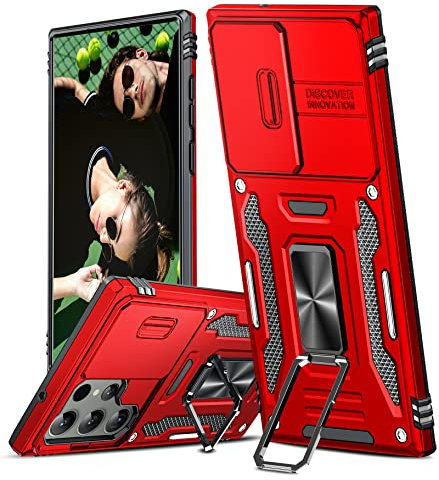 LeYi Coque pour Samsung S23 Ultra 5G(Pas S23) Antichoc avec Full Protection Caméra Coulissante,Anneau Support, Étui de PC Dur et TPU Silicone Militaire Anti-Rayures Coque Galaxy S23 Ultra-Rouge