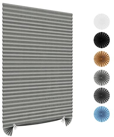 Stick On Blinds for Windows, Temporary No Drilling Light Filtering Pleated Paper Clip On Door Blinds and Shades for Kitchen Patio Bathroom Bedroom (Grey, 90x180cm)