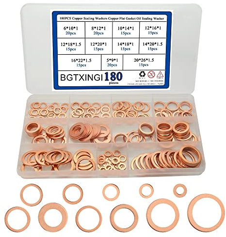 BGTXINGI Lot de 180 rondelles d'étanchéité en cuivre de 15 sortes, joint plat en cuivre, boîte de rondelle d'étanchéité M5 M6 M8 M10 M12 M14 M16 M20