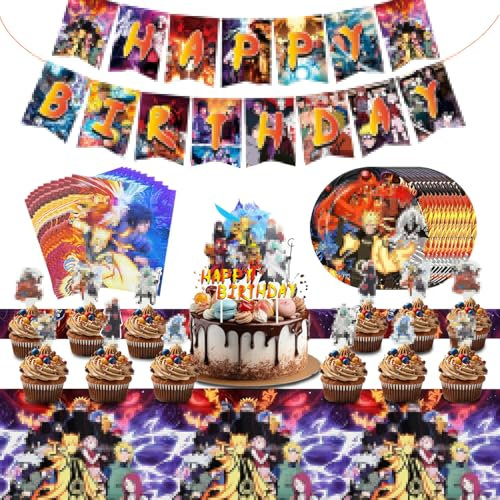 Anime Geburtstagsdeko,Anime Partygeschirr,Partyzubehör Set,Anime Party Supplies,Banner,Cupcake Topper,Tortendeko,Tischdecke,Speiseteller,Servietten,für Kinder Geburtstag Party Dekoration,10 Gäste