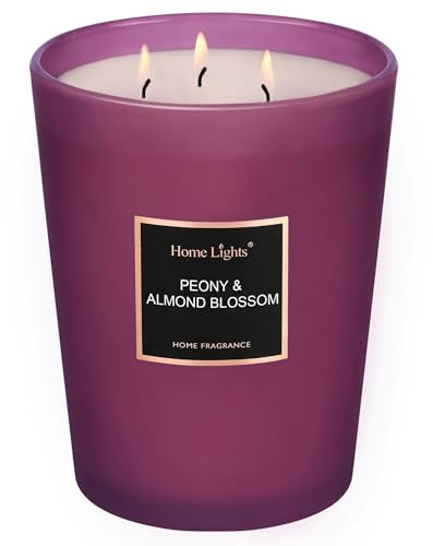 HomeLights Duftkerzen, 944 g, großes Glas, natürliche Soja-Kerzen, 3 Baumwolldochte, rauchfrei, langlebig, 130 Stunden, Aromatherapie-Kerze, Geschenk für Frauen & Männer, Pfingstrose & Mandelblüte