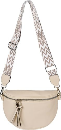 styleBREAKER Damen Halbmond Crossbody Schultertaschen Einfarbig, verstellbarer Schultergurt mit Zick-Zack Rauten Muster 02012401, Farbe:Beige