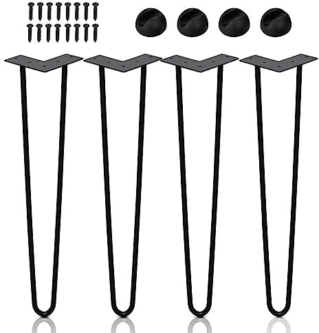 Ansobea Lot de 4 pieds de table en épingle à cheveux - En métal noir - Avec pieds à 2 barres - Pour bureau, table et table basse - Avec protection de sol et vis - 40 cm, FJTZF-100905
