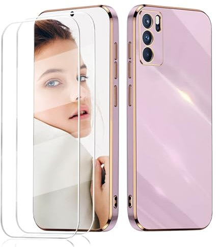 JIEZUIMEI Kompatibel mit Oppo A16 /A16S /A54S Hülle + 2 Panzerglas, TPU Flexible Silikon Handyhülle Schutzhülle Case(Lila)