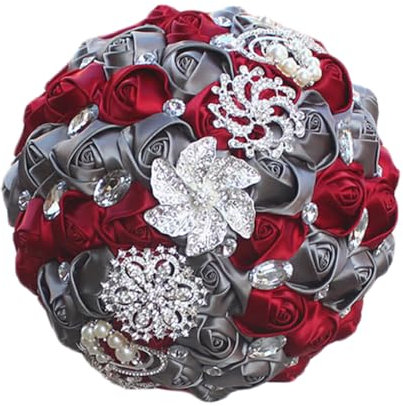 vreplrse Satin Brautstrauß, realistisches Aussehen, leicht zu reinigen, Braut Hochzeitsstrauß, Stoff, künstliche Blumen, Brautsträuße, Dunkelrot + Dunkelgrau