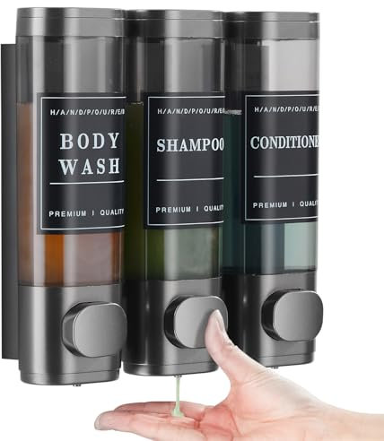 Shampoo and Conditioner Dispenser,Unisence Shower Soap Dispenser 3 Chamber No Drill Wall-Mounted Shampoo Dispenser for Shower Wall Mounted Shower Dispenser for Bathroom Hotel Large Capacity,Dark Gray