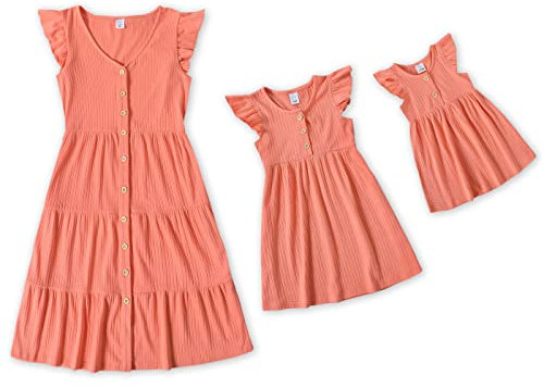 IFFEI Kleid mädchen Kleider für mädchen Kleider Damen Gepunktetes Kleid Rüschenärmel Sommerkleid Familie Passende Outfits Koralle 4-5Y