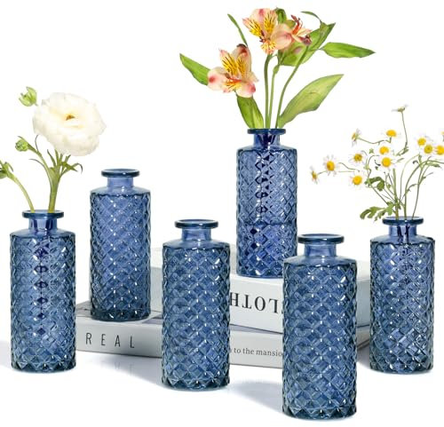 ComSaf Glass Bud Vases Set of 6, Small Diamond Bud Vases in Bulk, Mini Flowers Vases for Centerpieces, Vintage Decor Centerpiece for Table, Wedding Recepetion, Home, Housewarming Gift (Grey Blue)