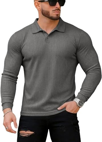 Muscle Cmdr Men’s Slim Fit Muscle Polo Shirt Long Sleeve Stretch Casual Golf Athletic Top (Grey XS)