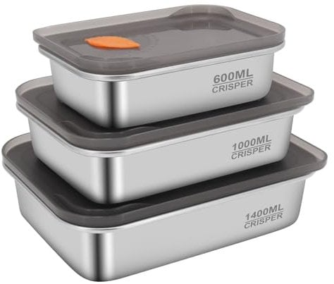 Gearific Stainless Steel Food Containers with Lids, Snack Containers Leak Proof Metal Food Storage Containers for Restaurant Kitchen Freezer Buffet (600ml+1100ml+1400ml)