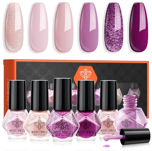 Modelones Nail Polish Set - 6 Colors Pink Shimmer Purple Quick Dry Varnish, Finger Sparkle Glitter Polish for Manicure, DIY Nail Art Salon at Home for Women