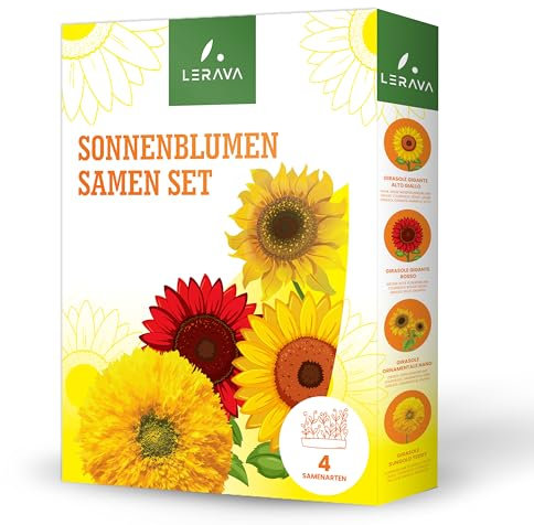 LERAVA® Set di Semi Girasoli - (4 VARIETÀ) - Girasole gigante alto giallo, Gigante Rosso, Ornamentale nano, Sungold Teddy - Perfetto per Giardini - semi di girasole da piantare - Made in Italy