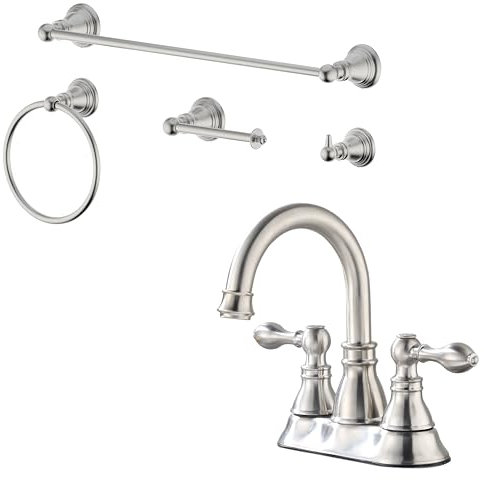 Derengge Centerset CB-0845-BN Badezimmer-Wasserhahn und 4-teiliges Badzubehör-Set, gebürstetes Nickel,