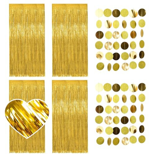 RAFIYU 6 Pcs Rideau Métallique de Frange Doré, Rideau Brillant Tinsel, Rideaux DéCoratifs à Franges en Feuille D'Aluminium pour Anniversaire, Mariage, Nouvel an avec 2 Guirlande Papier Anniversaire