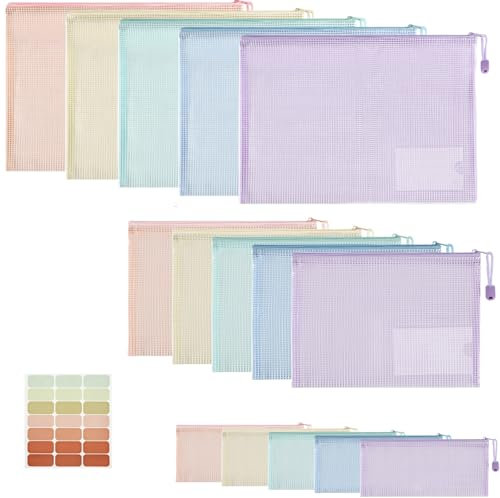 Havnidy Set di portafogli in plastica, 15 buste con cerniera, formato A4+A5+A6, con chiusura a zip, portadocumenti in rete, per scuola, ufficio, casa e viaggi